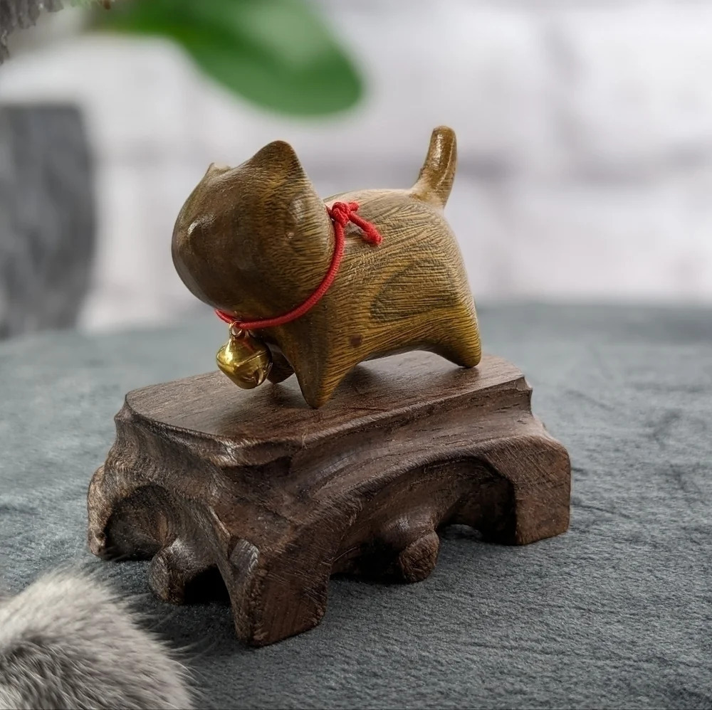 Wooden hand carved kitty cat feline figurine statue - Picture 2 of 7